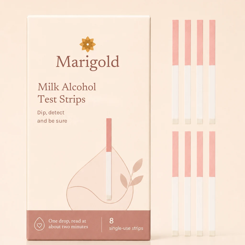 A carton of Marigold milk alcohol test strips with loose strips beside it