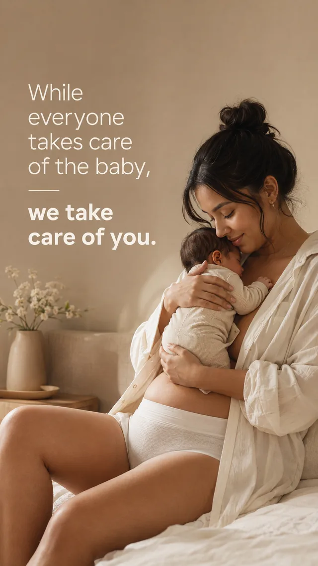 A mother holding her newborn. While everyone takes care of the baby, we take care of you.