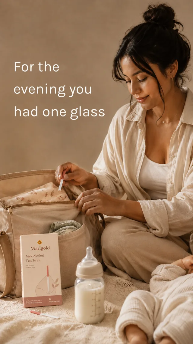 A bag packed for the evening, with the milk alcohol test strips inside