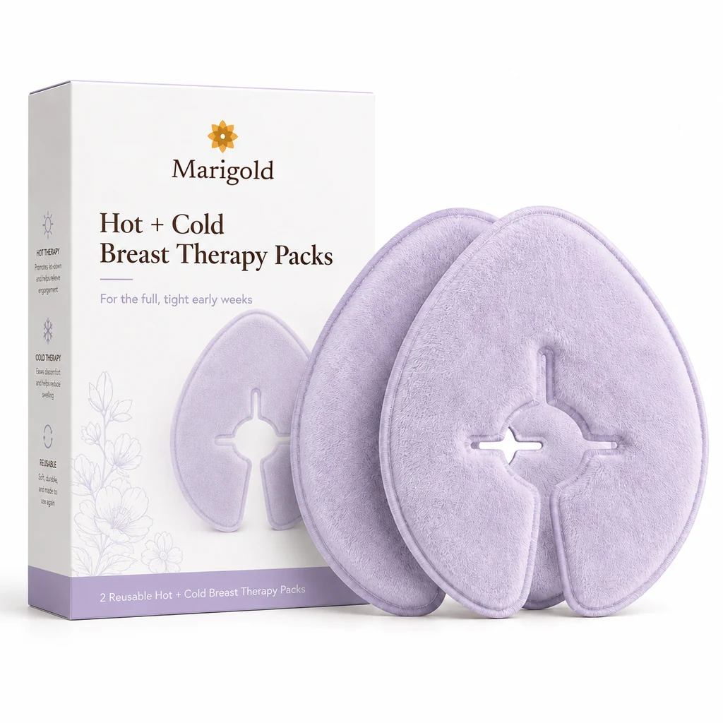 Two cloth-covered breast therapy packs beside their Marigold box