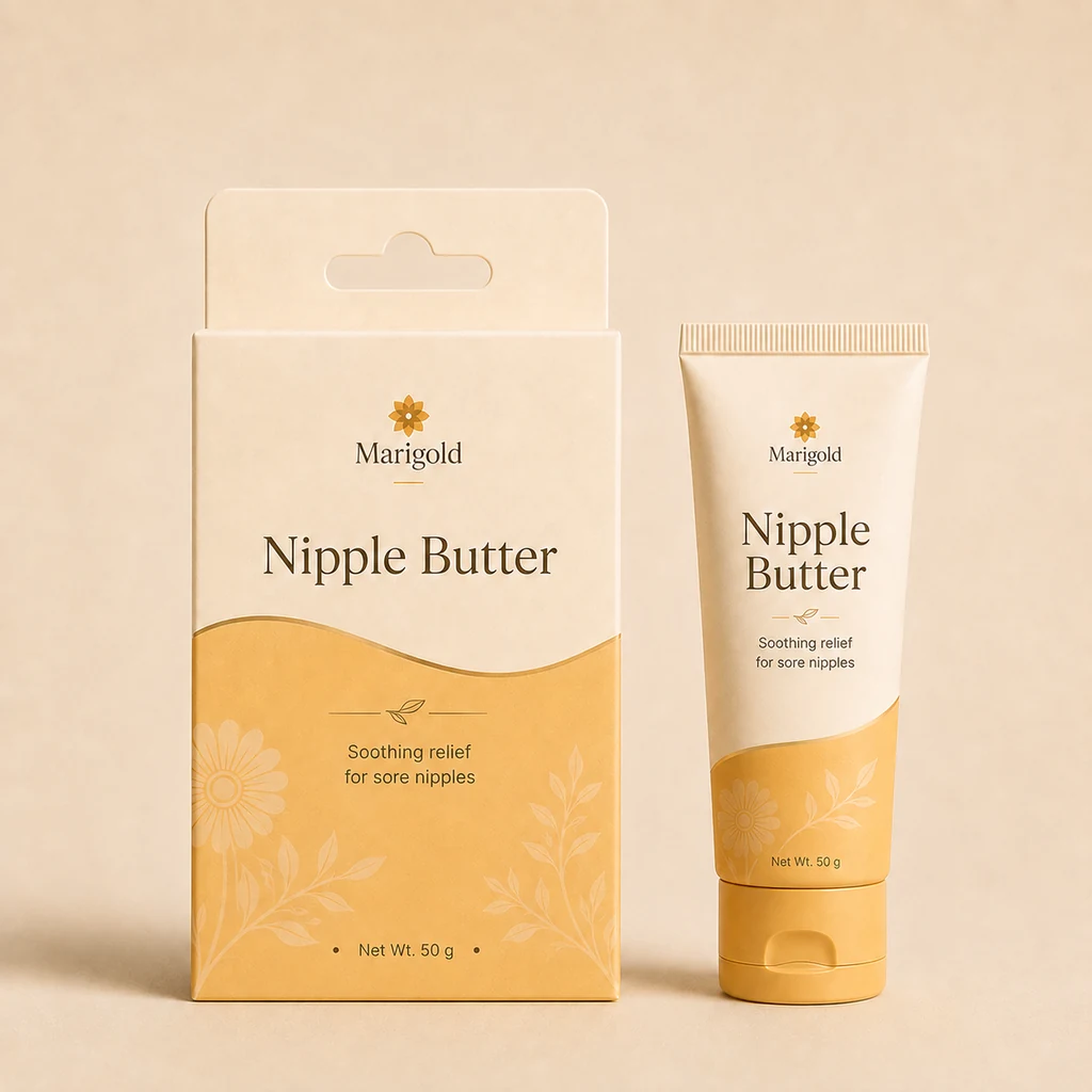 A tube of Marigold nipple butter beside its carton