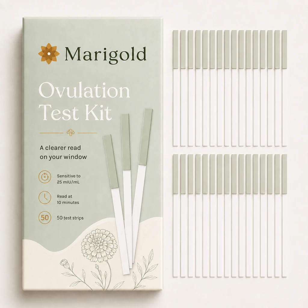 The Marigold ovulation test kit carton beside fifty test strips
