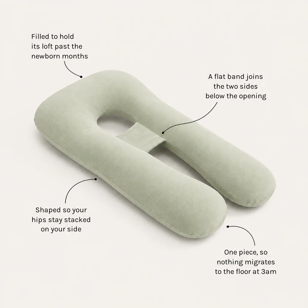 The pregnancy pillow labelled: the fill, the band, the shape and the length